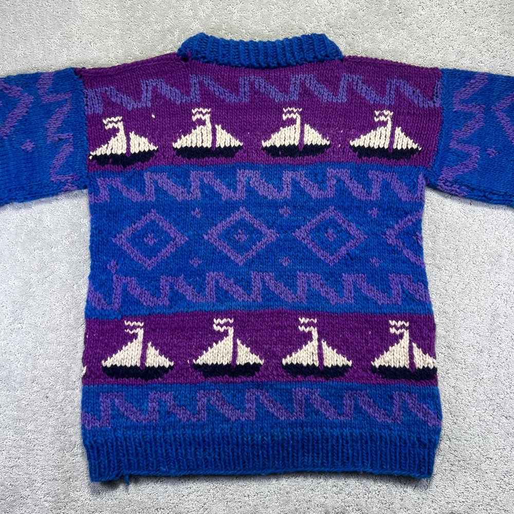 Vintage Hand Made Wool Sweater L/XL?? Sailboat Nautical Knit Blue Chunky Ecuador - Picture 12 of 16